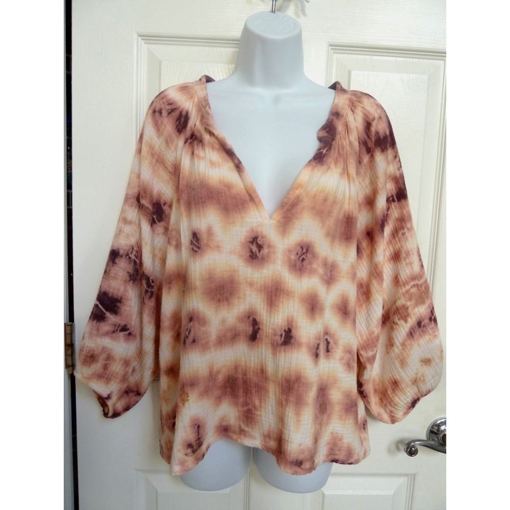 Nation LTD Los Angeles Gauzy Tie Dye Oversized Boho Blouse Med Balloon Sleeve